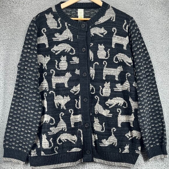 Cat Print Knit Cardigan Sweater Size XL Green 3 Made in USA Recycled Cotton - Picture 1 of 6